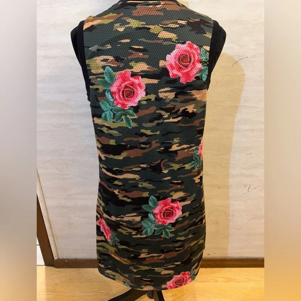 Eric + Lani camouflage and rose mesh tank dress